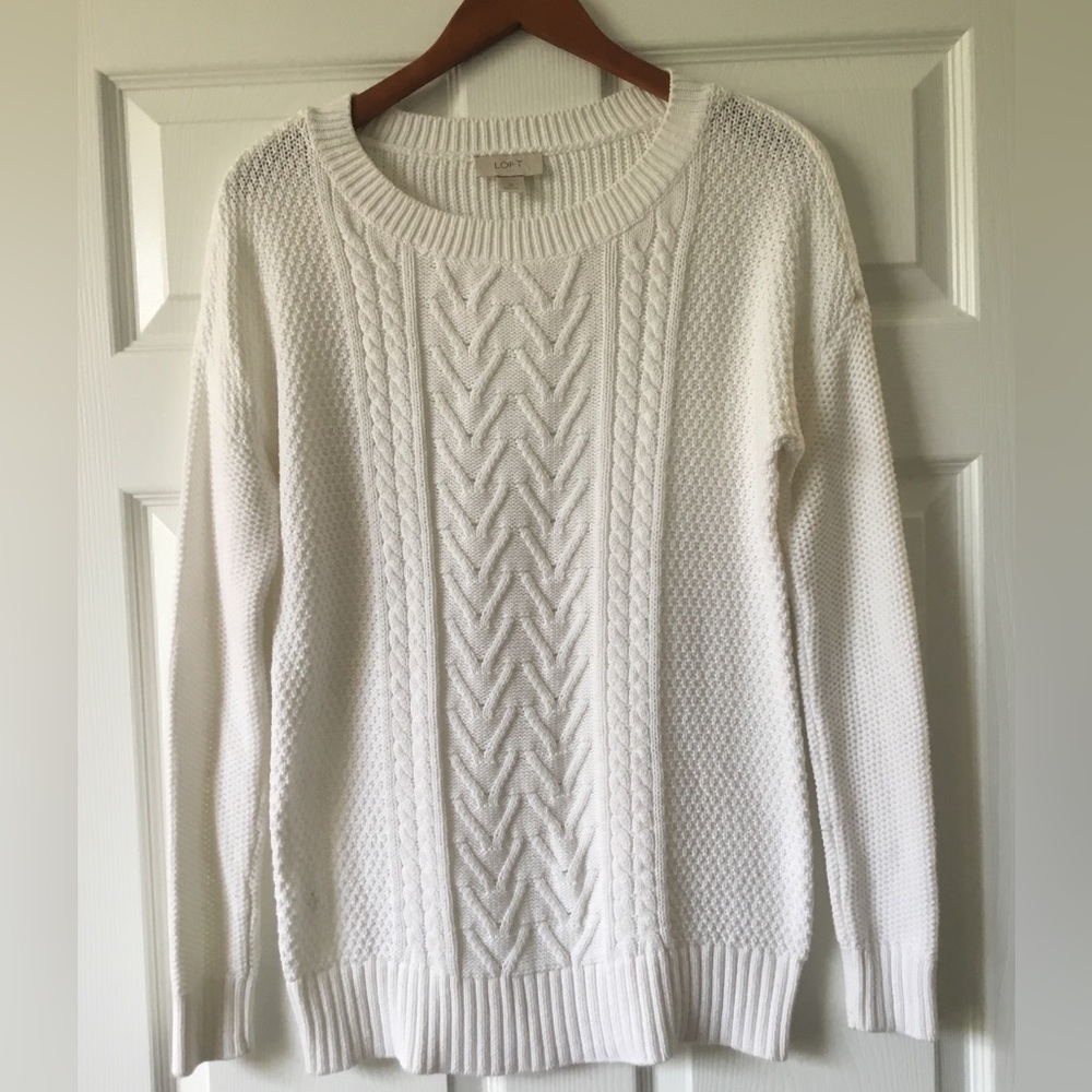 Ann Taylor LOFT Vintage White Cable Knit Scoop Neck Sweater